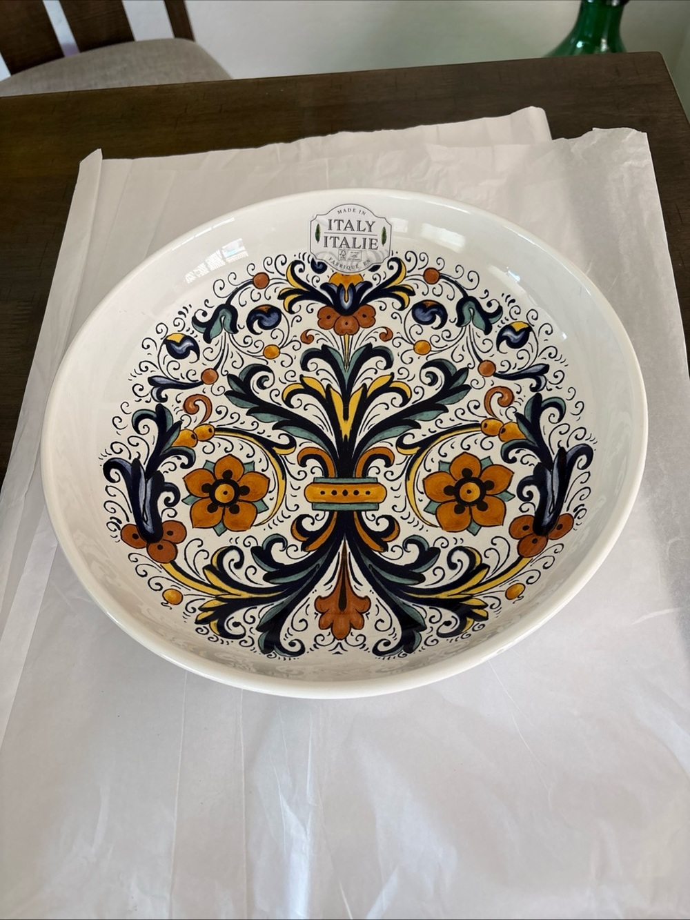 Deruta Sicilian  Print  Gold Blue, Green Serving Bowl from Italy --